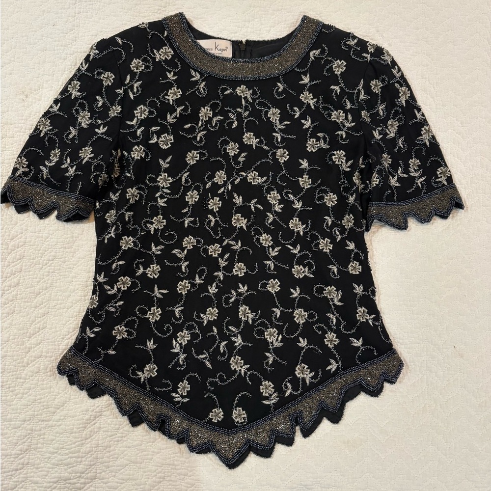 Laurence Kazar Black Beaded Floral Short Sleeve Top, Vintage